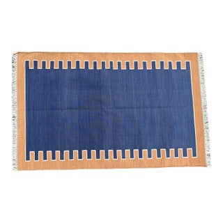 Not Yet Made - Made To Order Handmade Cotton Vegetable Dyed Blue, Cream and Tan Zig Zag Striped Rug-3'x5' For Sale