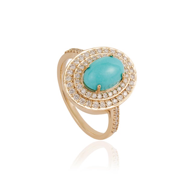 1.43ct Oval Turquoise Cabochon Double Halo Diamond 14k Gold Contemporary Ring Size 5 For Sale - Image 4 of 17
