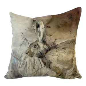 16" Square Decorative Toss Pillow Adorned With the Portrait of an Alert Rabbit /Hare in the Grass - Made in the U K