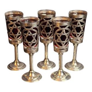 Vintage Mexican Sterling Silver Judaica Kiddush Cordial Cups Star of David Grapes Art Mexico 53g - Set of 5 For Sale