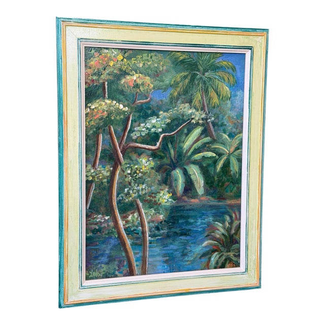 Vintage Tropical Florida Landscape Oil Painting on Board, Signed Lea For Sale