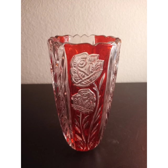Contemporary 1980s Crystal Clear Germany Red Floral Cut to Clear Crystal Vase For Sale - Image 3 of 6