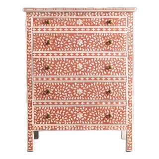 Arabesque Inlay Five-Drawer Tallboy - Coral by House of Jaipur For Sale
