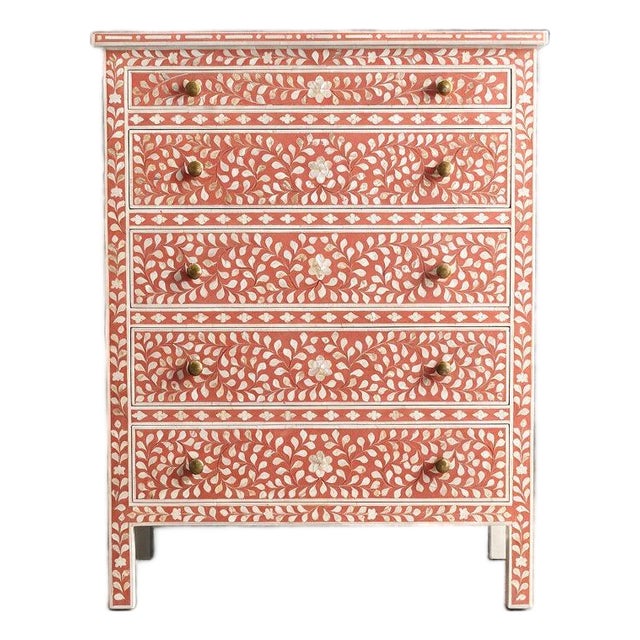 Arabesque Inlay Five-Drawer Tallboy - Coral by House of Jaipur For Sale