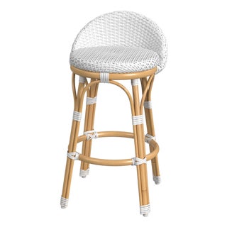 Tobias 24.5 in. Seat Height Outdoor Rattan and Metal Low Back Counter Stool, Smooth White For Sale