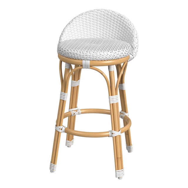 Tobias 24.5 in. Seat Height Outdoor Rattan and Metal Low Back Counter Stool, Smooth White For Sale