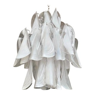 Mazzega Murano Clear & White Petal Chrome Chandelier For Sale