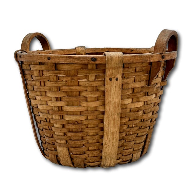 Sienna Large Size Substantially Made Antique American Hand Woven Ash Wood Splint Maine Apple Farm Basket For Sale - Image 8 of 18