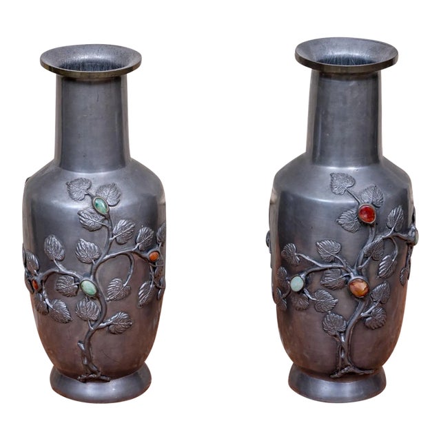 Antique Pewter Vases With Semi-Precious Stone Inlay- a Pair For Sale