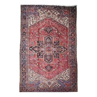 Vintage Oversized Heriz Rug, Hand-Knotted Wool, Geometric Medallion Pattern, Red & Ivory, 11x19 For Sale