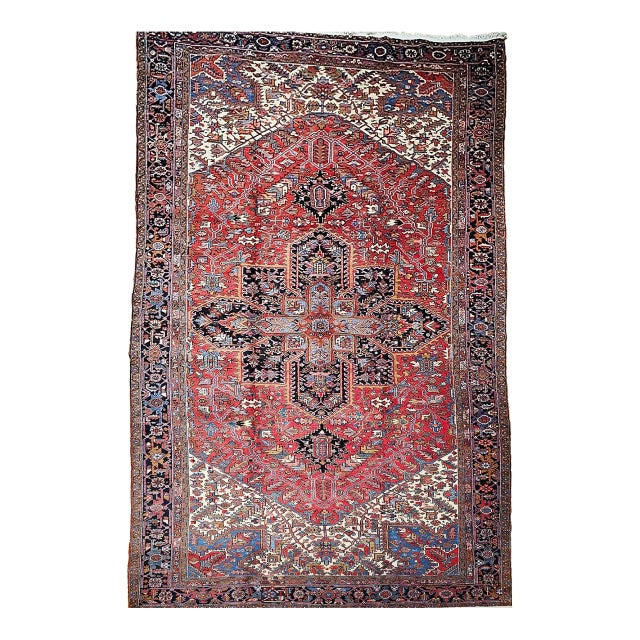 Vintage Oversized Persian Heriz Rug, Hand-Knotted Wool, Geometric Medallion Pattern, Red & Ivory, 11x19 For Sale
