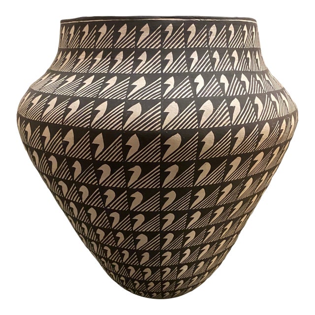 Acoma Native American 11” Pottery Vase Black and White Geometric Design Signed For Sale