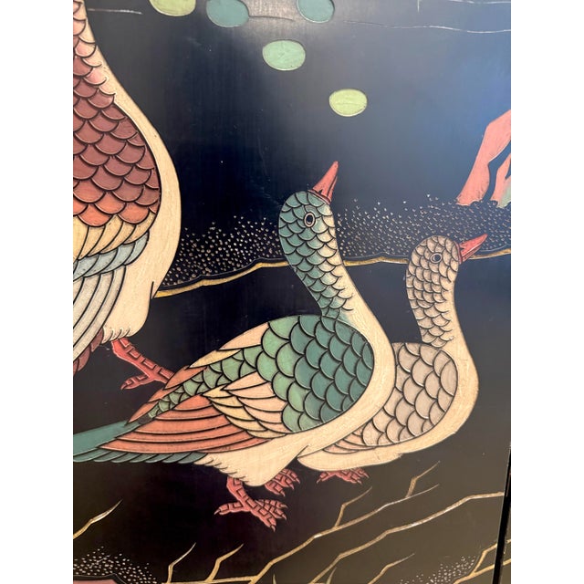 Vintage Chinese Carved Lacquer Folding Screen, 73" H, Lotus & Mandarin Ducks For Sale - Image 4 of 9