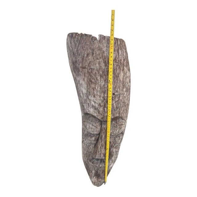 Wood Late 20th Century Carved Wooden Face Mask, Weathered Wood Sculpture, Elongated Rustic Wall Decor, Organic Modern Boho Art For Sale - Image 7 of 9