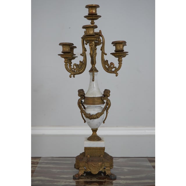 Brass Pair French Louis XV Vintage Marble & Brass Candelabras For Sale - Image 8 of 11