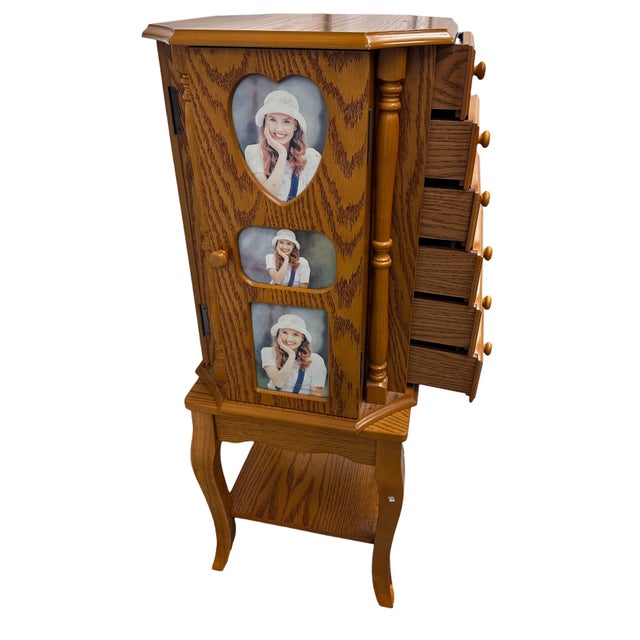 American 1960s Mid Century Revolving Jewelry Armoire in Oak Finish Free Standing Pilasters Mirror Chest of Draws For Sale - Image 3 of 17