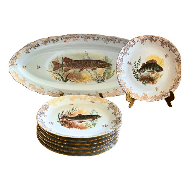 Vintage French Hand-Painted Fish Service from Limoges, 1950, Set of 7 For Sale