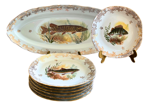Vintage French Hand-Painted Fish Service from Limoges, 1950, Set of 7