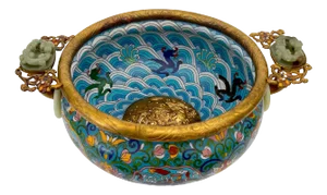 Chinese Imperial Honorific Cloisonné Bowl Carved Jade Medallion & Ring Handles