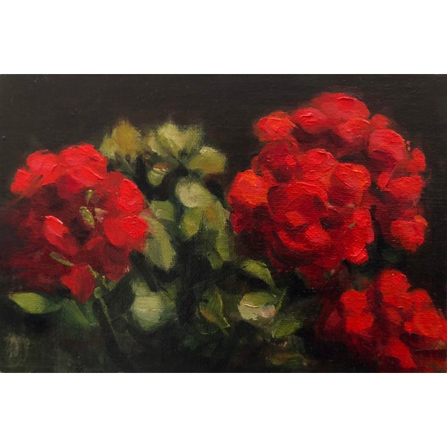 Geraniums by Barbara Hack | Oil on canvas board Red geranium flowers with green leaves. For Sale