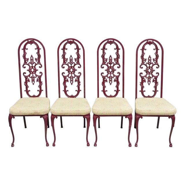 Vintage Hollywood Regency Victorian Style Red Cast Metal Dining Chairs Set of 4 For Sale