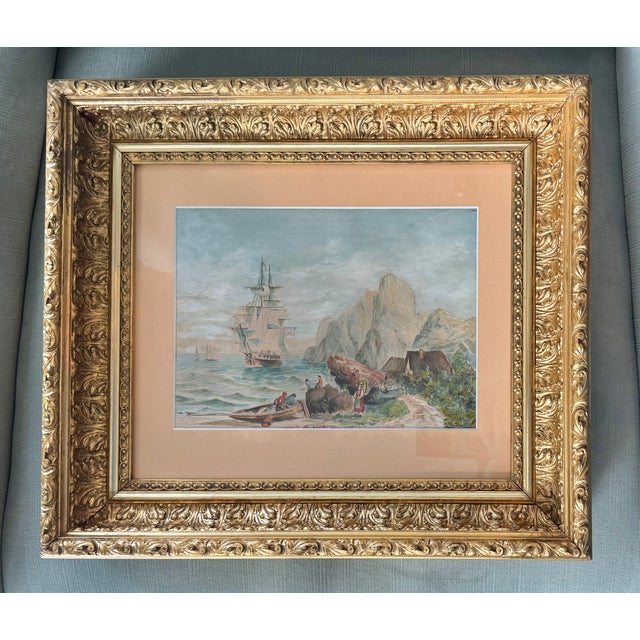 Antique French Maritime Fine Aquarelle Watercolor, Frame For Sale - Image 4 of 8