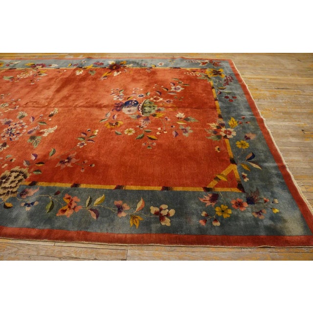 Art Deco 1920s Burnt Orange Floral Antique Chinese Art Deco Carpet 8' 9" X 11' 3" Knotted Wool Rug For Sale - Image 3 of 12