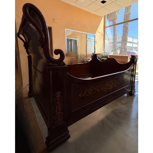 Wood 19th Century Italian Carved Inlaid Mahogany Burl Full Bed For Sale - Image 7 of 18