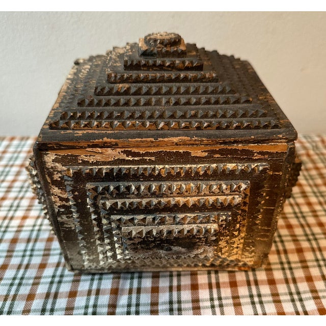 his object is an antique Tramp Art box, a distinct style of American and European folk art. It measures 8 inches wide by 8...