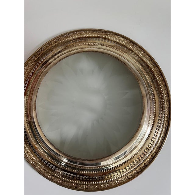 Abstract Vintage Sterling Silver Rim Cut Glass Wine Bottle Coaster / Dish For Sale - Image 3 of 6