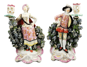 English Rococo Porcelain Ranelagh Dancers Candlesticks with Floral Bocage from Derby, 1760s, Set of 2