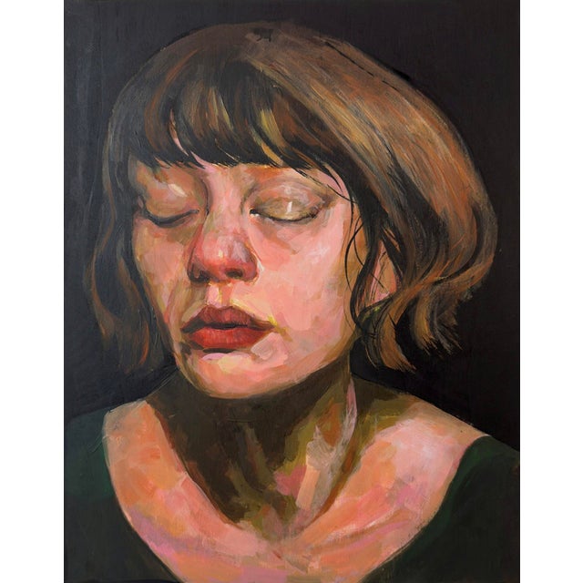 Figurative At The Verde River- Twice by Fikriye Oz | Oil On Wood Portrait of a woman with closed eyes For Sale - Image 3 of 3