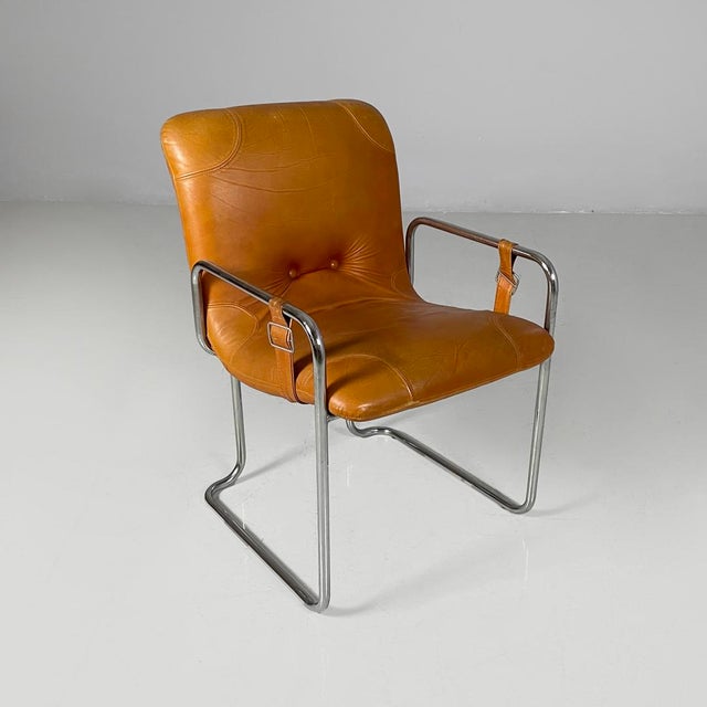 Italian modern brown leather and metal chairs by Guido Faleschini, 1970s Set of four chairs with square seat and backrest,...