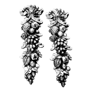 Mid-Century Syroco Wood Fruit and Bow Swag Wall Plaques in the Style of Della Robia – A Pair