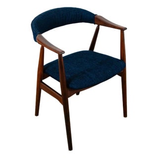 1960s Mid Century Danish Modern Armchair Chair Dining Teak Blue Denim Farstrup Harlev For Sale