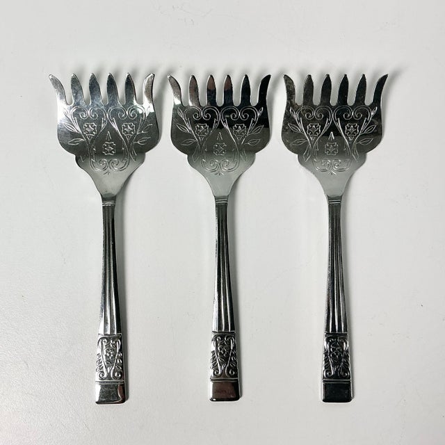 French Vintage Boho Chic Chippendale Stainless Steel Petit Four Serving Forks - Set of 3. For Sale - Image 3 of 9