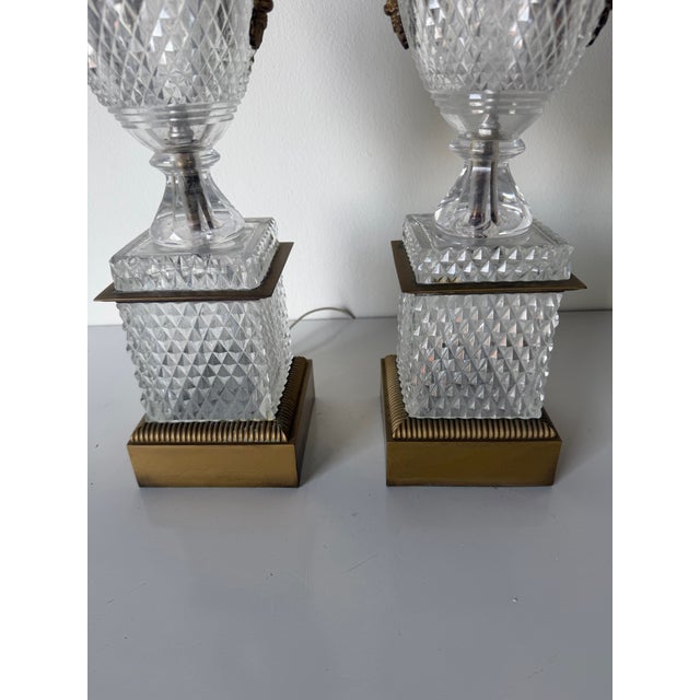 Metal Vintage French Empire Neoclassical Style Cut Crystal & Swan Bronze Ormolu Table Lamps – A Pair For Sale - Image 7 of 13