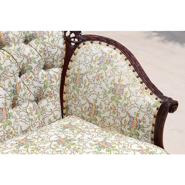 Antique French Louis XV Style Bergère Armchair – Hand-Carved Mahogany, Tufted Floral Upholstery, C. Late 19th Century For Sale - Image 10 of 18