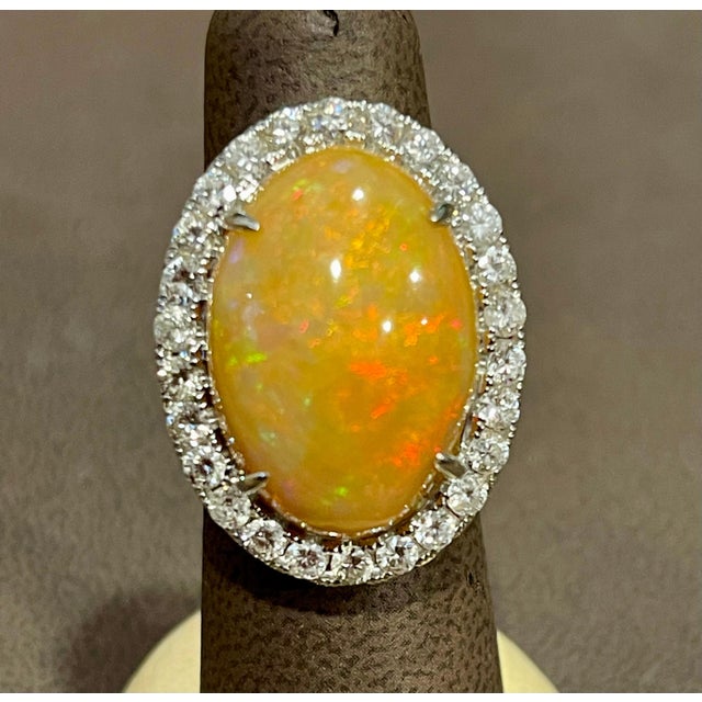 Oval Opal and Diamond Cocktail Ring 18 Karat White Gold, Estate Size 7 For Sale - Image 11 of 18