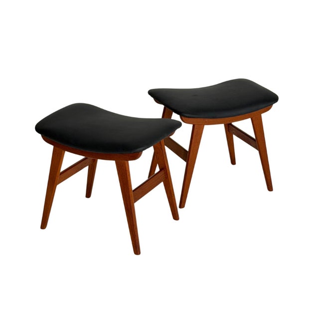 Wood Teak Stool with Black Leather, 1960s, Set of 2 For Sale - Image 7 of 7