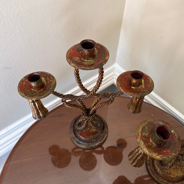 Vintage Italian Style Gilt Decorative Toleware Rope and Tassle Candlesticks- Set of 2 For Sale - Image 10 of 10