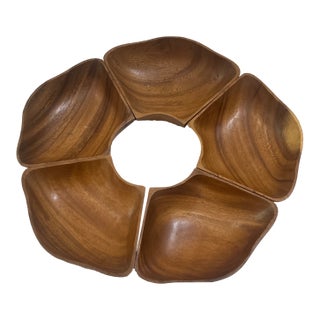 Collection of 5 Vintage Wooden Carved Bowls in a Flower Style For Sale