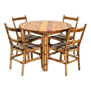 Round Bamboo Table and Chairs, 1970s, Set of 5 For Sale