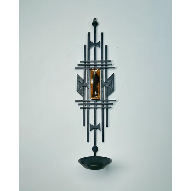 1960s Large Brutalist Danish Wall Candleholder in Wrought Iron and Amber Glass from Dantoft, 1960s For Sale - Image 5 of 5