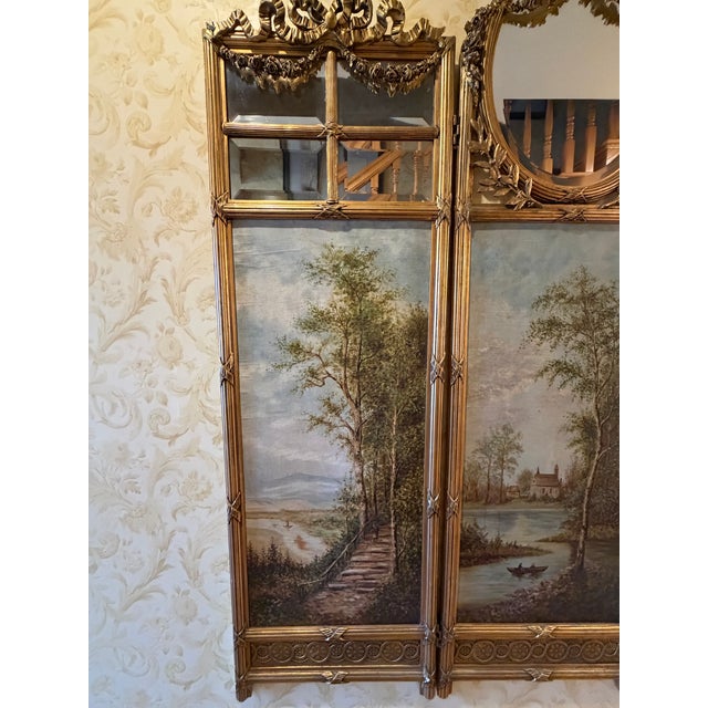 Antique French Giltwood Three-Panel Folding Screen With Hand-Painted Landscapes and Mirror, Circa 1900 For Sale - Image 4 of 5