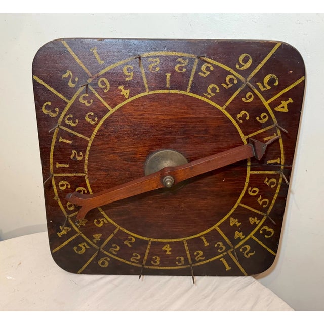 Wood Rare Antique Hand Made Painted Wood Brass Carnival Gambling Number Wheel Game For Sale - Image 7 of 12