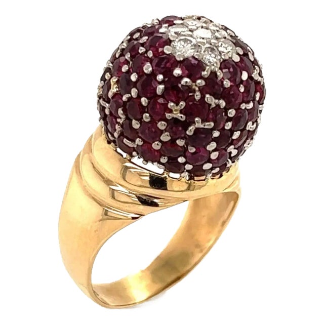 Diamond Ruby 18k Two Tone Gold Large Dome Ring Size 8 For Sale
