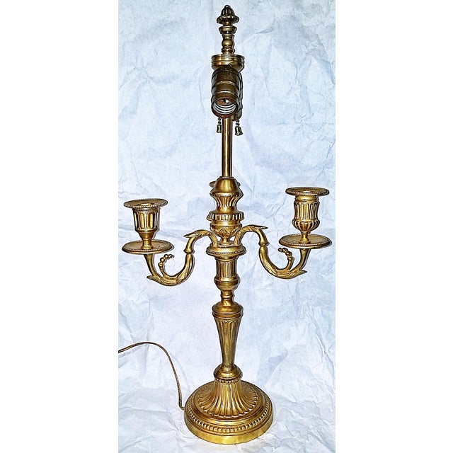 Late 19th Century French 23k Gilded Louis XVI Style Candleabra Lamps - A Pair For Sale - Image 4 of 8