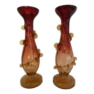 Vintage Amberina Glass Vases With Rigaree - a Pair For Sale