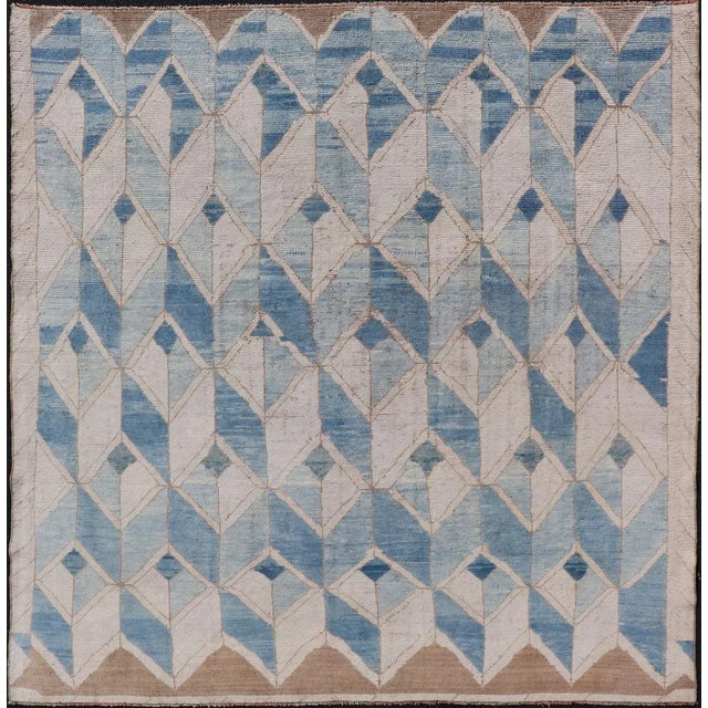 Mid 20th Century Square Vintage Turkish Oushak Kars Rug in Modern Design With Blue and Light Brown Colors For Sale - Image 12 of 12